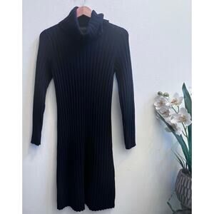 Ralph Lauren Turtleneck 100% Lambswool Black Ribbed Sweater Midi Dress Sz Large